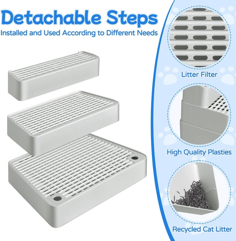 Bartuke Extra Large 3 Steps Litter Box Ramp, Adjustable Cat Litter Box Step with Filter Function, Easy to Clean Cat Litter Stair Catcher for Elderly Cats and Kitten (Light Grey) - Image 3
